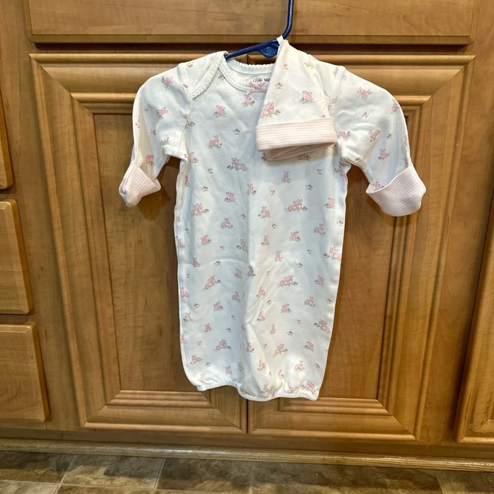 New Little Me Baby Girl 0-3 Months Bunny Sleeper Gown & Hat Matching Outfit
